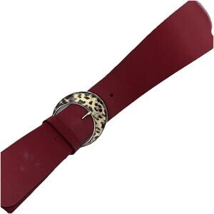 Chicos 2 inch genuine leather red belt with leopard print buckle Sz M